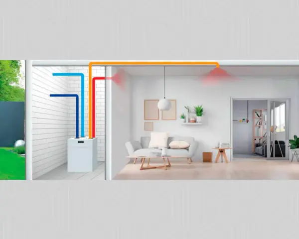Sistema de ventilación mecánica con conductos de colores que llevan aire a un salón moderno.