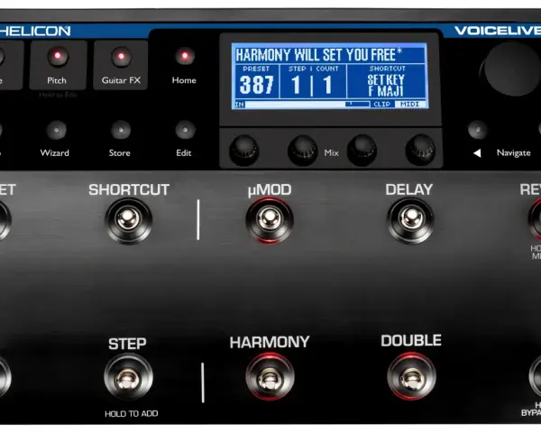 TC Helicon VoiceLive 2 - zaawansowany procesor wokalny z efektami, przyciskami Preset, Shortcut, µMod, Delay, Reverb i Harmony.