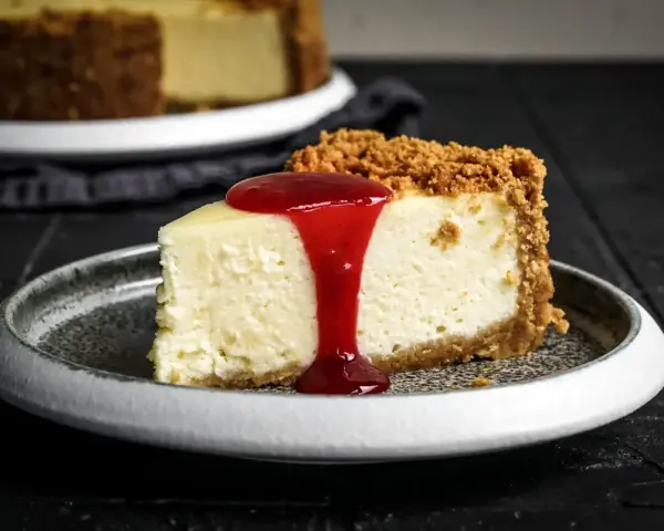Ein Stück cremiger american cheesecake mit Keksboden, übergossen mit roter Fruchtsauce, auf einem grauen Teller.