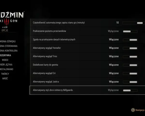 W menu Wiedźmina Dzikiego Gonu opcja "Alternatywny wygląd Jaskra" jest włączona.