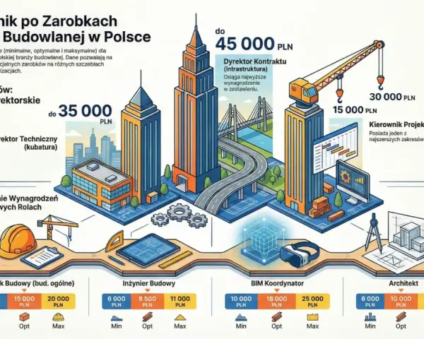Ilustracja przedstawia schemat zarobków w branży budowlanej, z ikonami budynków i symbolami finansowymi.