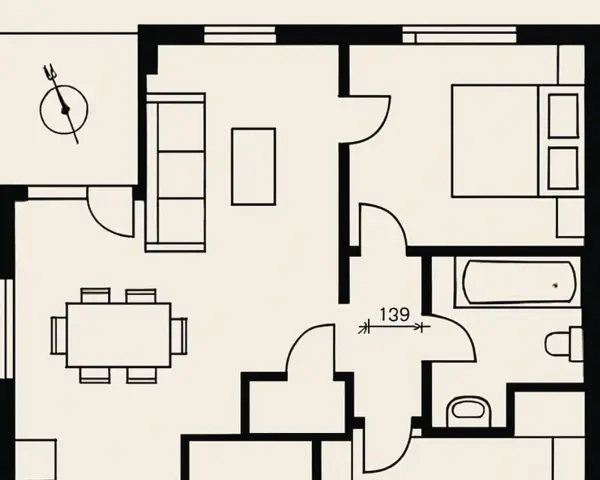 Planimetria di un appartamento: soggiorno con divano e tavolo, camera da letto, bagno e balcone. Utile per capire come fare una planimetria.
