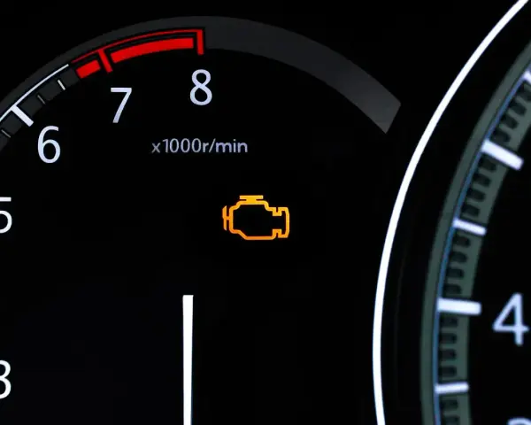 Pomarańczowa kontrolka **check engine** świeci się na desce rozdzielczej obok obrotomierza.