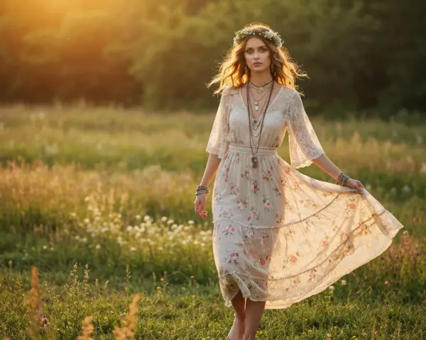 Kobieta w kwiecistej sukience i wianku na głowie, idealna inspiracja, jak się ubrać na wesele w stylu boho.