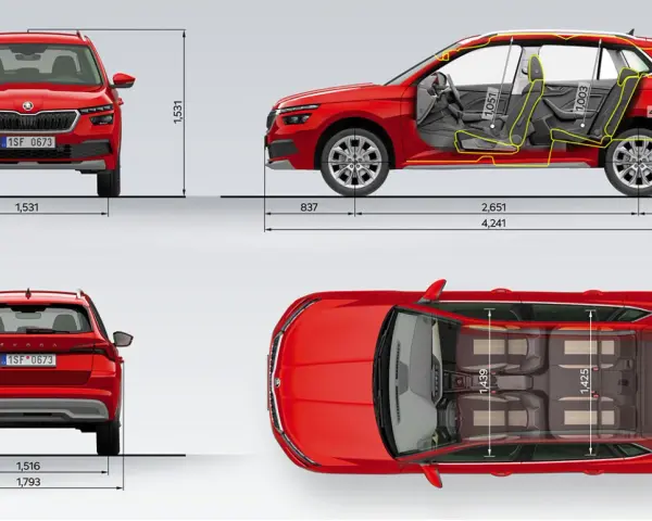 Skoda Kamiq wymiary: widok z przodu, boku, tyłu i z góry z zaznaczonymi wymiarami wnętrza i nadwozia.