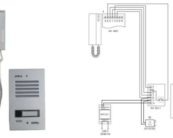 Schemat instalacji domofonowej z unifonem i panelem zewnętrznym. Podpowiada, jaki kabel do domofonu wybrać, pokazując połączenia z zasilaczem.