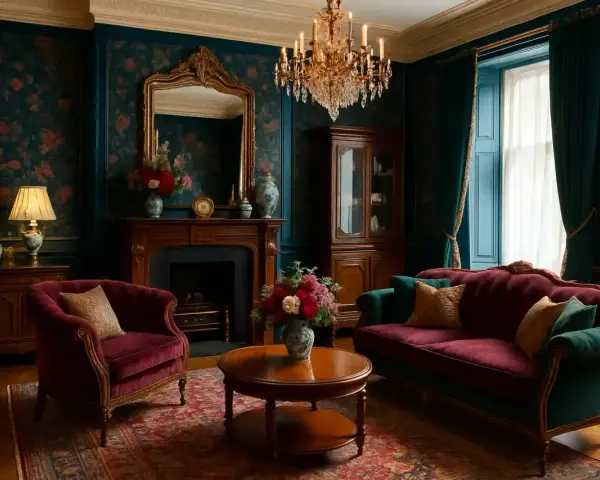 Elegancki salon w stylu wiktoriańskim z aksamitnymi meblami, bogatą tapetą i kryształowym żyrandolem.