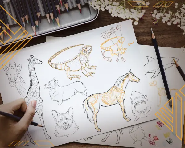 Un dessin d'animaux réaliste facile : une main esquisse une girafe, entourée de croquis de corgis, d'un cheval, d'un iguane, d'un requin et d'un oiseau.