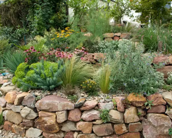 Ein wunderschöner Steingarten, der zeigt, wie man mit wenig Geld einen tollen Garten gestalten kann. Bunte Blumen und Gräser wachsen zwischen Natursteinen.