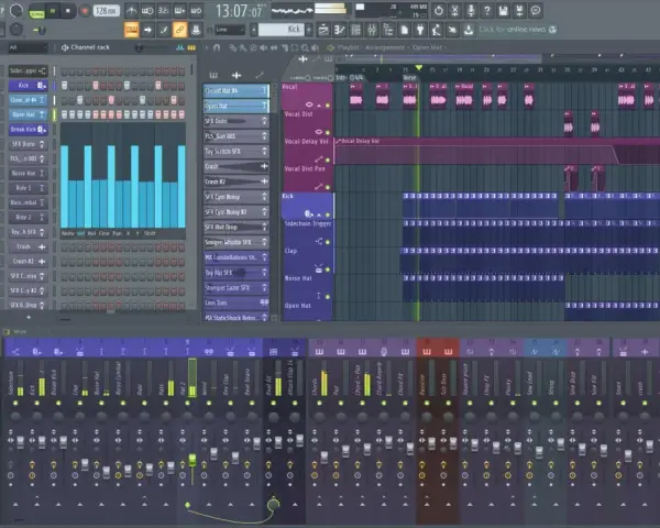 Die Musik machen App zeigt eine digitale Audio-Workstation mit Spuren für Gesang, Kick, Clap und mehr.