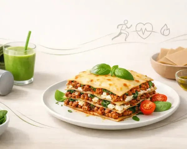 Jak zrobić lasagne? Pyszna, warstwowa lasagne z mięsem mielonym i szpinakiem, obok zielony koktajl, hantle i mata do ćwiczeń.