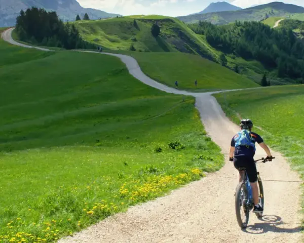 Rowerzysta przemierza malowniczą dolnośląską krainę rowerową, wijącą się wśród zielonych wzgórz i kwiecistych łąk.