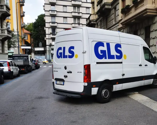 Furgone GLS bianco parcheggiato in strada. Chissà quanto guadagna un corriere per fare consegne in città.