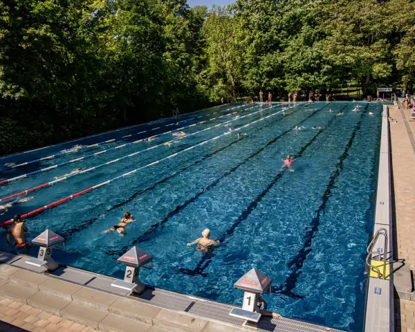 Ein sonniger Tag im Freibad Berlin. Menschen schwimmen in den Bahnen, andere entspannen sich am Beckenrand.