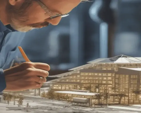 Architekt w okularach pracuje nad modelem budynku, trzymając ołówek.