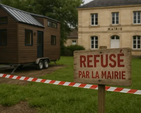 Une tiny house sur roues est devant la mairie. Un panneau indique "Refusé par la mairie", barré par un ruban de sécurité.