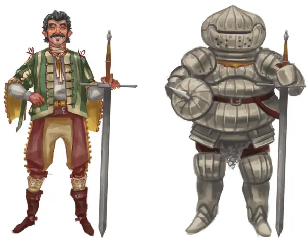 Siegmeyer de Catarina, un caballero con armadura completa, y otro hombre con atuendo renacentista, ambos sostienen espadas.