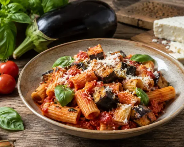 Pyszne danie z makaronu rigatoni z bakłażanem, pomidorami i bazylią. Idealne na Pasta alla Norma przepis.