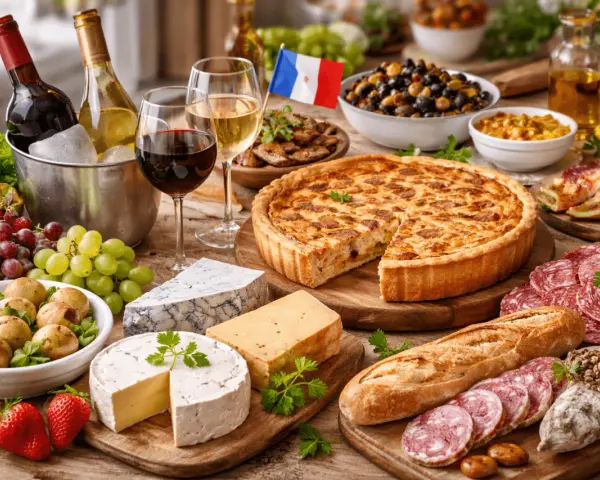 Un festin français : quiche, fromages, charcuterie, pain et fruits. Parfait pour savoir que manger avec un pinot noir.