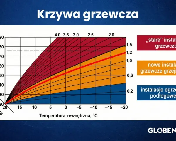 Krzywa grzewcza pompy ciepła pokazuje zależność temperatury wody grzewczej od temperatury zewnętrznej dla różnych typów instalacji.