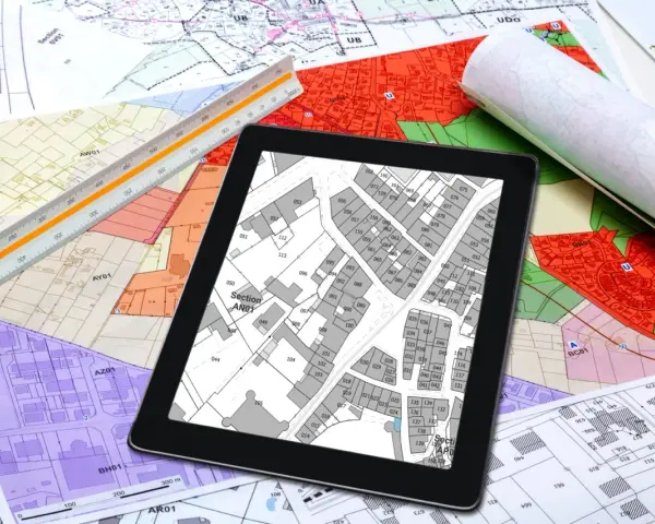 Na ekranie tabletu widoczny jest fragment miejscowego planu zagospodarowania przestrzennego gminy, otoczony mapami i linijką geodezyjną.