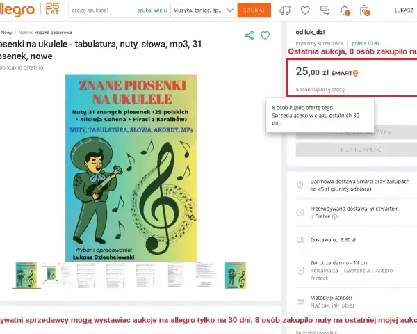 Okładka książki "Znane piosenki na ukulele" z nutami, tabulaturą i akordami.