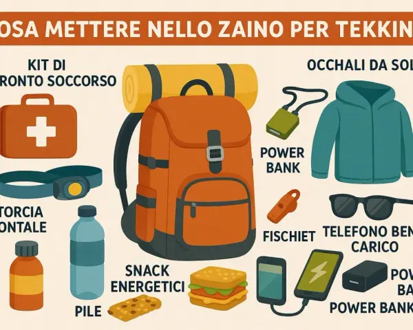 Zaino da trekking arancione con kit pronto soccorso, torcia, acqua, snack, power bank, fischietto, occhiali da sole e giacca. Essenziale per sapere cosa mettere nello zaino da trekking.