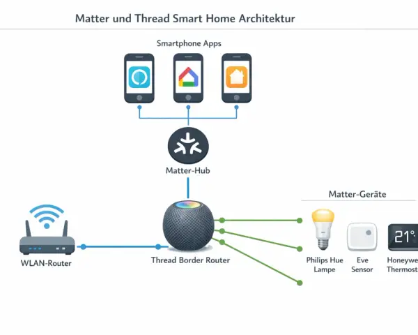 Schema der Matter und Thread Smart Home Architektur: Smartphone-Apps steuern den Matter-Hub, der mit dem Thread Border Router verbunden ist. Dieser kommuniziert mit Matter-Geräten wie Philips Hue, Eve Sensor und Honeywell Thermostat.