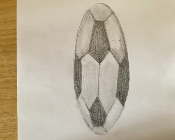 Un dessin au crayon d'une forme ovale facettée, un trompe l'oeil qui donne l'illusion d'une pierre précieuse.