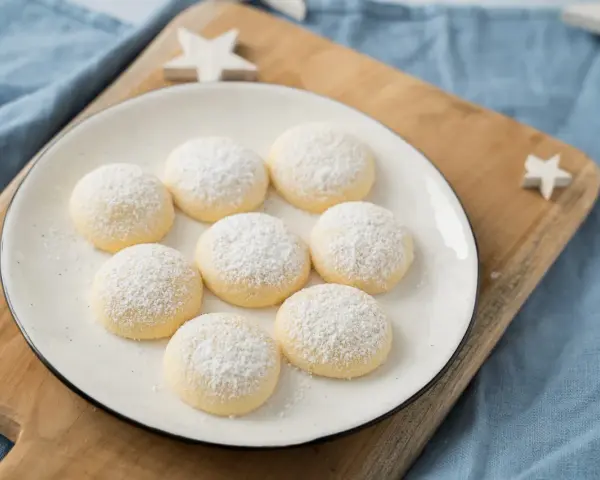 Zarte, mit Puderzucker bestäubte Kekse auf einem Teller, bereit zum Genießen. Perfekt zum Kekse backen für gemütliche Stunden.