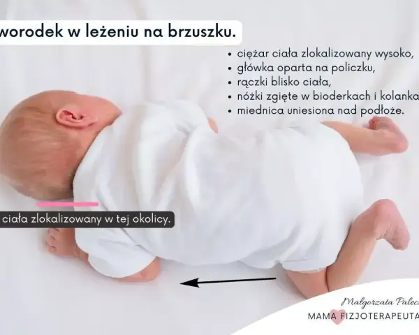 Nieprawidłowe leżenie na brzuchu niemowlaka: ciężar ciała wysoko, główka na policzku, nóżki zgięte. Miednica uniesiona.