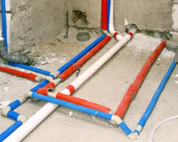 Skomplikowana instalacja wodna z rurami w kolorach czerwonym, niebieskim i białym, przygotowana do ukrycia pod tynkiem.