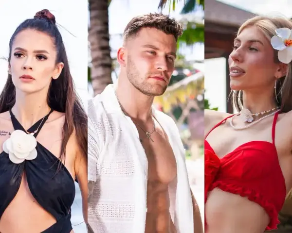 Trzy osoby na tle tropikalnego hotelu. Kobieta w czarnym stroju kąpielowym, mężczyzna w białej koszuli i kobieta w czerwonym bikini. Hotel Paradise 12.