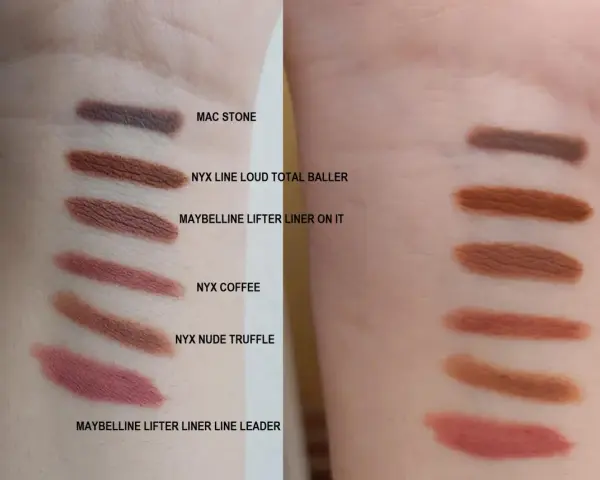 Testy odcieni na przedramieniu, w tym Maybelline Lifter Liner.