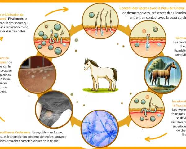 Cycle de vie du champignon responsable de la teigne cheval, montrant la contamination, la germination des spores, l'invasion de la peau et la formation de lésions caractéristiques.