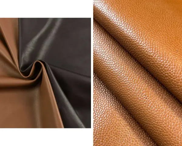 Dos tipos de cuero: uno liso en marrón y negro, y otro con textura granulada en tono coñac.