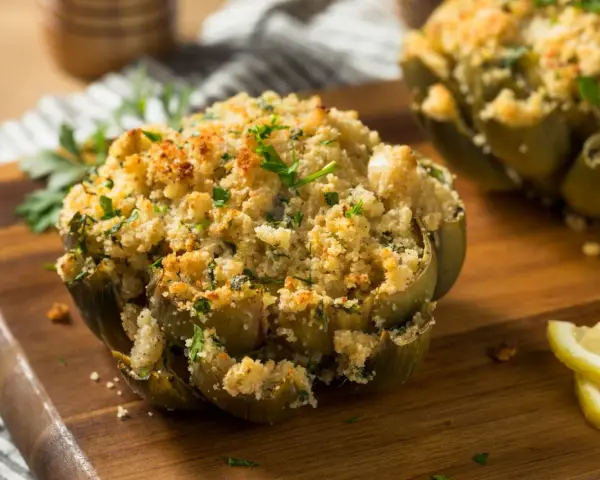 Carciofi ripieni e dorati, cotti alla perfezione nella friggitrice ad aria, guarniti con prezzemolo fresco e spicchi di limone.