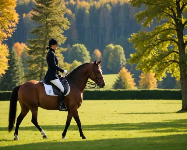 Une cavalière en tenue d'équitation monte un cheval brun dans un pré verdoyant, avec des arbres aux couleurs d'automne en arrière-plan. Un cadre idéal pour un gîte équestre.
