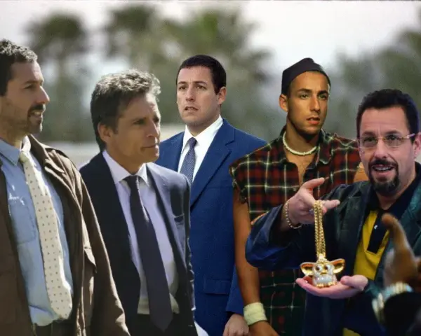 Adam Sandler w swoich kultowych rolach z filmów. Widać go w różnych stylizacjach, od eleganckiego garnituru po luźniejszy strój z naszyjnikiem.