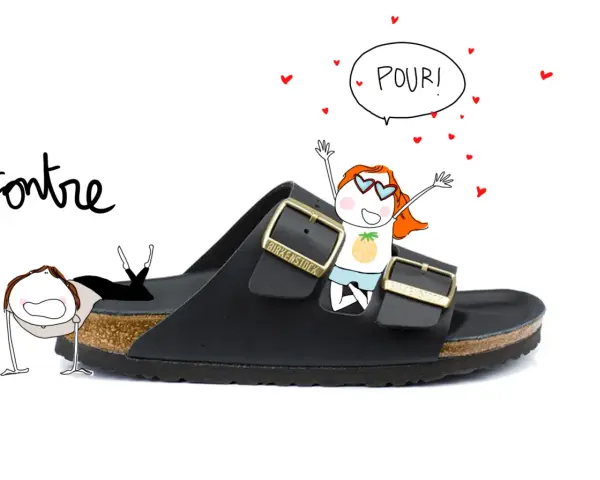 Une fille joyeuse célèbre sa tenue avec birkenstock femme, tandis qu'une autre semble en difficulté.