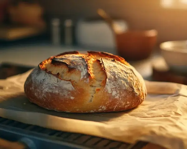 Ein rustikales Sauerteigbrot liegt auf Backpapier. Die Kruste ist goldbraun, aber das Brot geht nicht auf, was auf einen Backfehler hindeutet.
