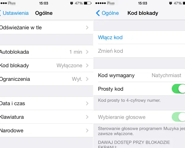 Ustawienia telefonu, sekcja "Ogólne". Widoczny jest "Kod blokady" ustawiony na "Wyłączone". To pierwszy krok, by dowiedzieć się, jak wyłączyć blokadę ekranu.