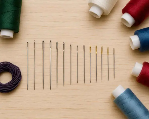 Un surtido de agujas de coser y carretes de hilo de colores: verde, morado, blanco, rojo y azul. ¡Qué hilo de hilo tan variado!