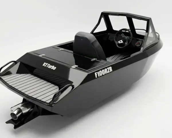 Czarna łódka sportowa F100RZR z kierownicą i siedzeniem. Dowiedz się, jak zarejestrować łódkę, by cieszyć się wodnymi przygodami.