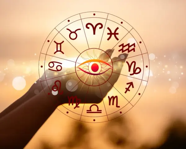 Oko opatrzności w centrum koła zodiaku, z symbolem Koziorożca widocznym na tle zachodzącego słońca. Twój horoskop dzienny czeka!