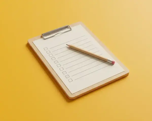 Klemmbrett mit leerer Liste und Bleistift, bereit für Fragen zum medizinischen Dienst und Pflegegrad.