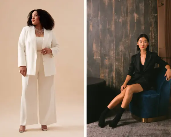 Mujer con traje blanco elegante y mujer con traje negro chic, ambos perfectos para un dress code gala.
