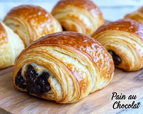 Un délicieux pain au chocolat, feuilleté et doré, avec une garniture au chocolat fondant. Parfait pour le petit-déjeuner.