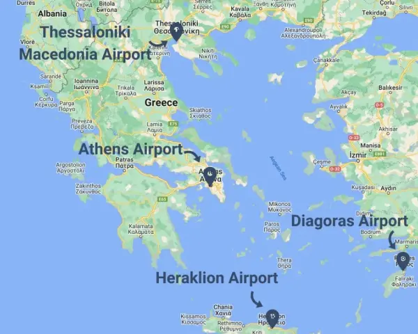 Główne lotniska w Grecji: Macedonia Airport, Athens Airport, Diagoras Airport i Heraklion Airport.