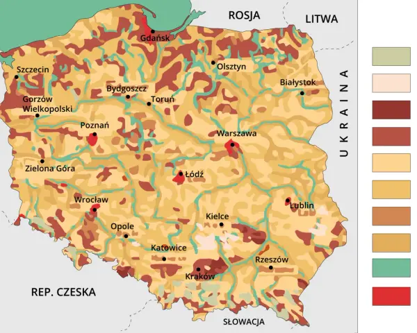 Mapa przedstawiająca zróżnicowanie gleb w Polsce, z zaznaczonymi miastami i granicami państwowymi.